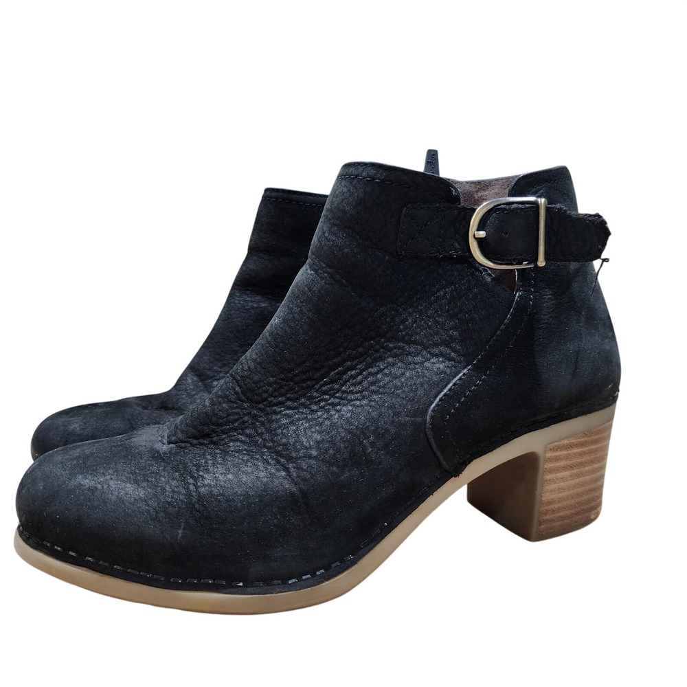 Dansko Faithe Black Leather Ankle Booties Womens EU 40 US 9.5-10 Side Zip Buckle